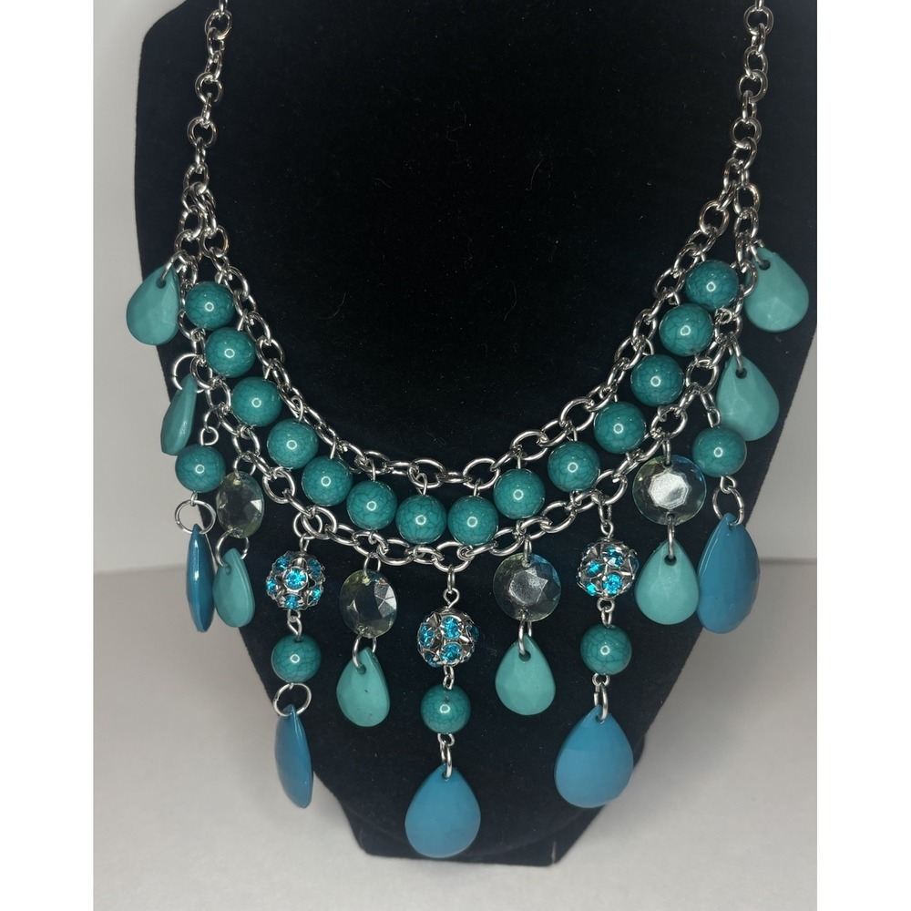 Boho Faux Turquoise Bead Teardrop Statement Necklace Silver Tone 21" Blue